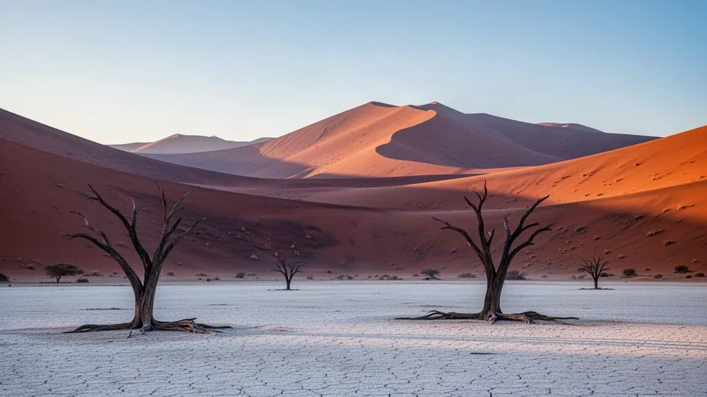 Dune di sabbia rossa di Sossusvlei all'alba con alberi di acacia morti sul pan di argilla bianca nel Deserto del Namib, Namibia