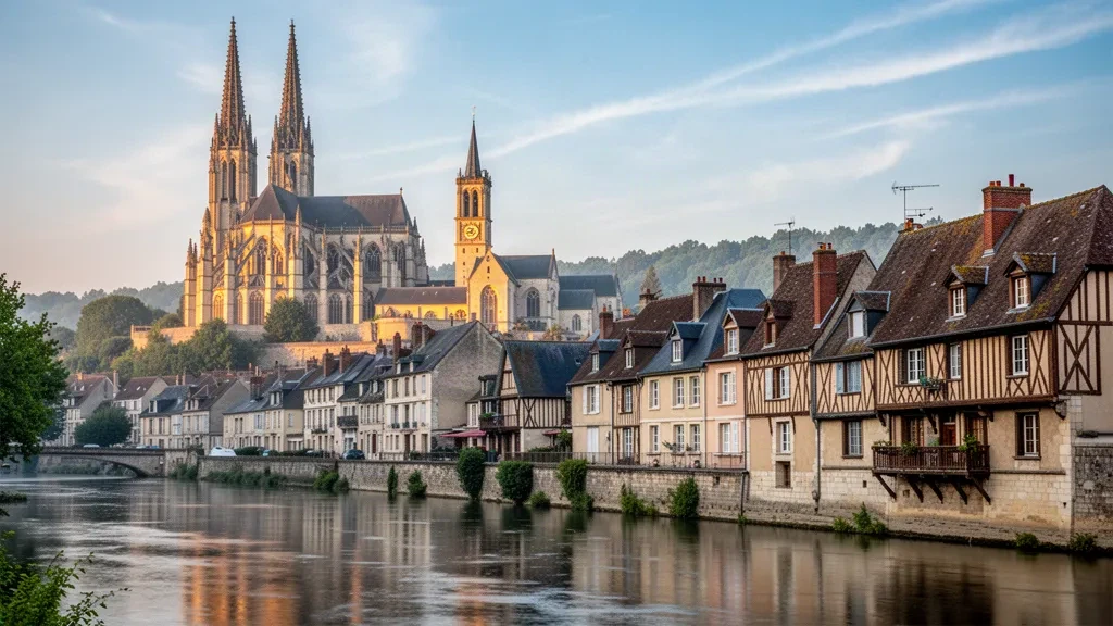 Flèches gothiques de la cathédrale d'Auxerre s'élevant au-dessus des maisons à colombages le long de la rivière Yonne en Bourgogne, France, à l'heure dorée