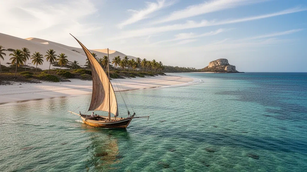 Mozambik'teki Bazaruto Takımadaları'nın beyaz kum tepelerinin yanında turkuaz Hint Okyanusu sularında seyreden geleneksel dhows