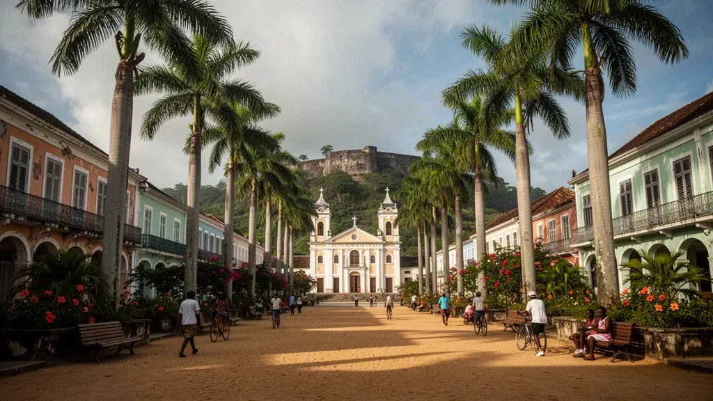 Palmeras reales bordeando la Place des Palmistes en Cayena, Guayana Francesa, con edificios criollos coloniales y torres de iglesias históricas bajo una luz dorada
