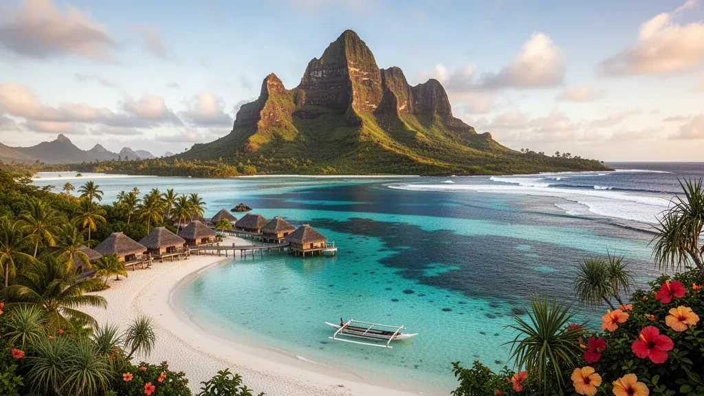 Türkisfarbene Lagune und Bungalows über dem Wasser unter dem Mount Otemanu in Bora Bora, Îles Sous-le-Vent, Französisch-Polynesien