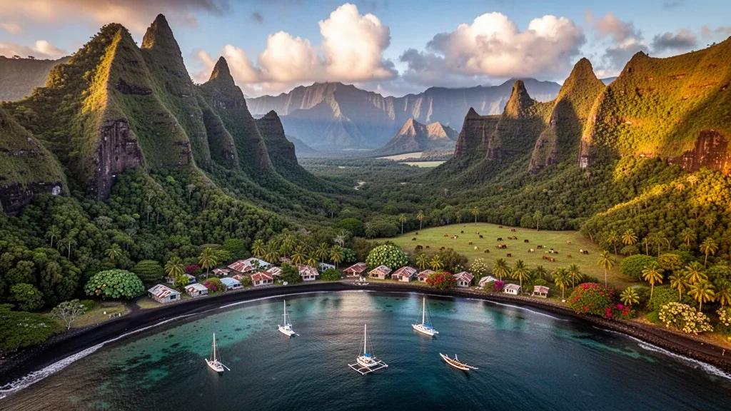 Vue aérienne de la baie de Taiohae sur Nuku Hiva, îles Marquises, Polynésie française, encadrée par de spectaculaires pics volcaniques verdoyants à l'heure dorée