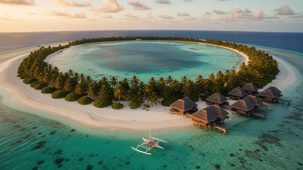 Laguna turquesa, bungalós sobre el agua y canoa de balancín en el atolón de Rangiroa, Tuamotu-Gambier, Polinesia Francesa, al amanecer.