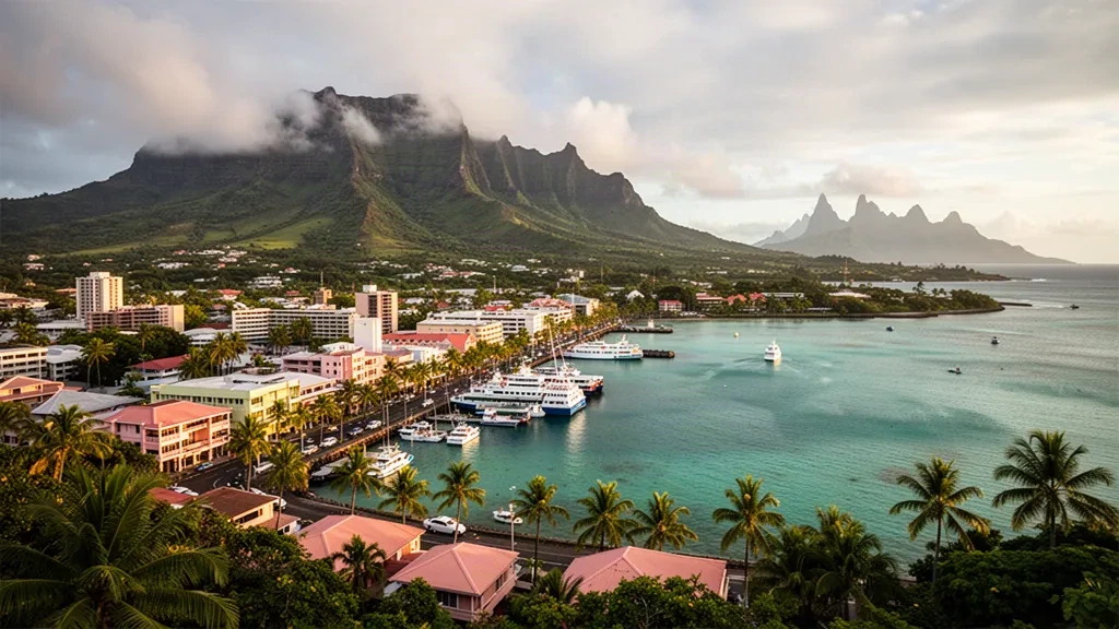 Fransız Polinezyası, Tahiti'deki Papeete sahil şeridi; liman tekneleri, palmiye ağaçlı caddeler ve gün batımında şehrin arkasında yükselen Orohena Dağı