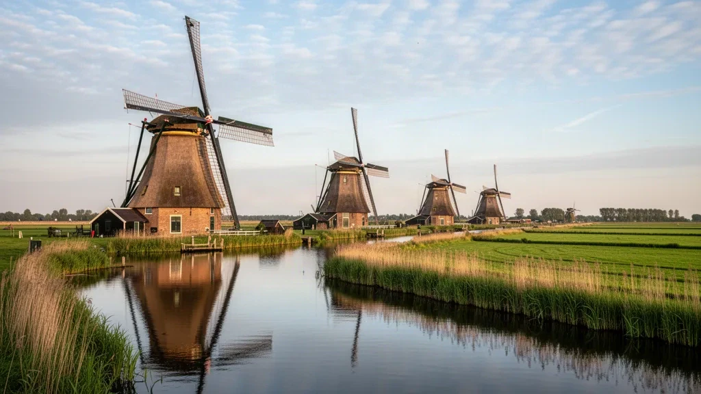 Molinos holandeses tradicionales junto a un tranquilo canal en Kinderdijk, Países Bajos, reflejados en el agua bajo una suave luz dorada del atardecer