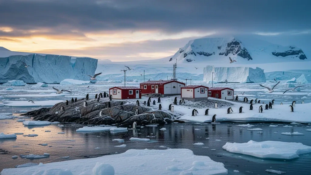 Base de investigación Dumont d'Urville en la costa helada de Tierra Adelia, Antártida, con pingüinos e icebergs bajo el crepúsculo polar.