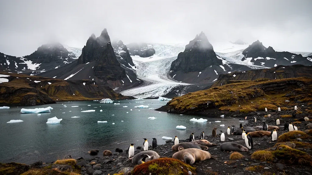 Vette vulcaniche innevate e fiordi glaciali delle Isole Kerguelen nell'Oceano Indiano subantartico sotto una luce soffusa e coperta