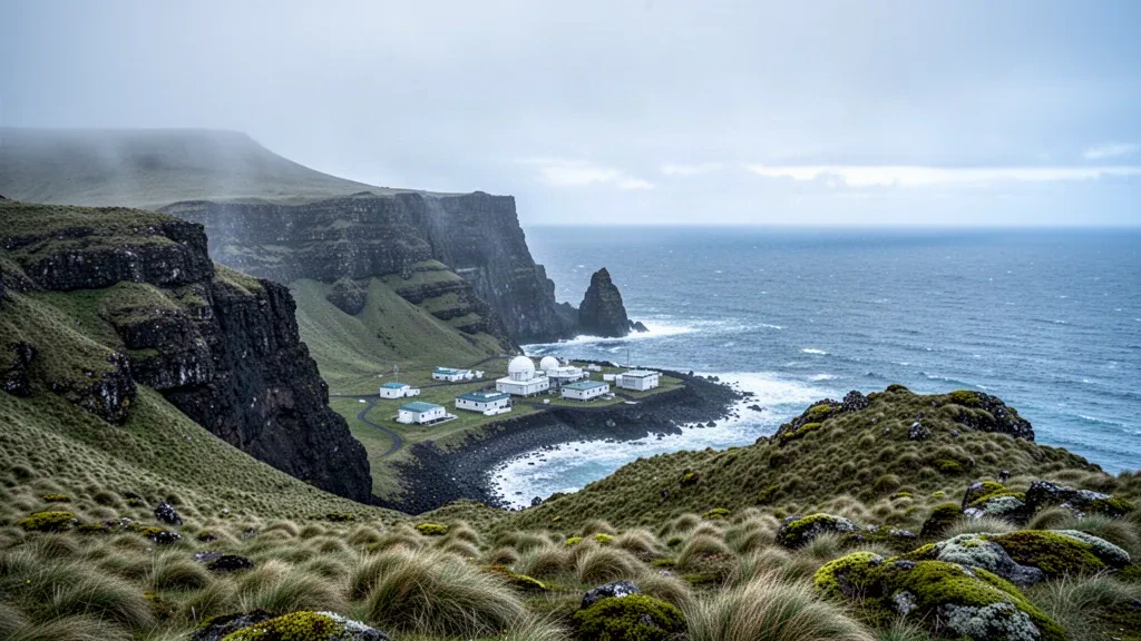 Costa vulcanica aspra dell'Île Amsterdam nelle Terre Australi Francesi con erba a ciuffi e stazione di ricerca sotto un cielo subantartico coperto.
