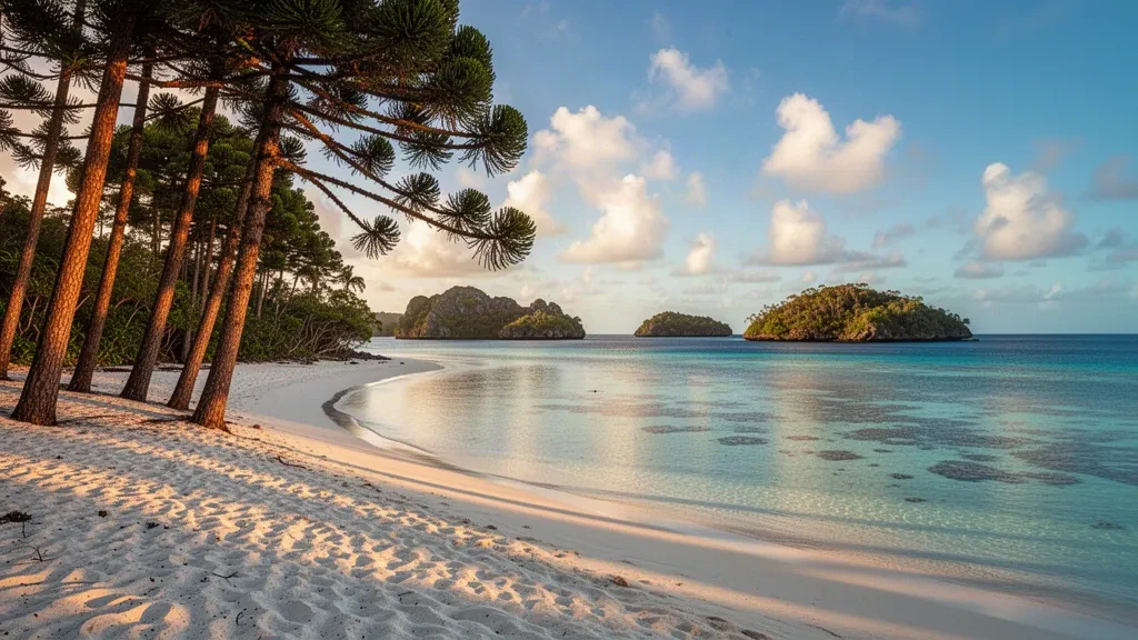 Laguna turquesa y playa de arena blanca enmarcadas por pinos araucaria en la Isla de los Pinos, Nueva Caledonia