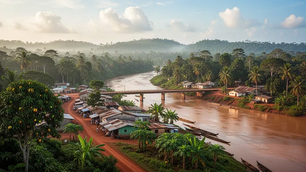 Ciudad de Mouila a orillas del río Ngounié en Gabón, con tejados bajos, palmeras y selva tropical a lo largo de la ribera bajo una cálida luz de tarde