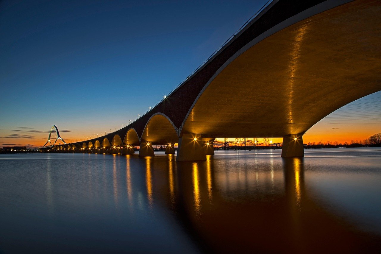 ponte, fiume, struttura, strada, notte, natura, tramonto