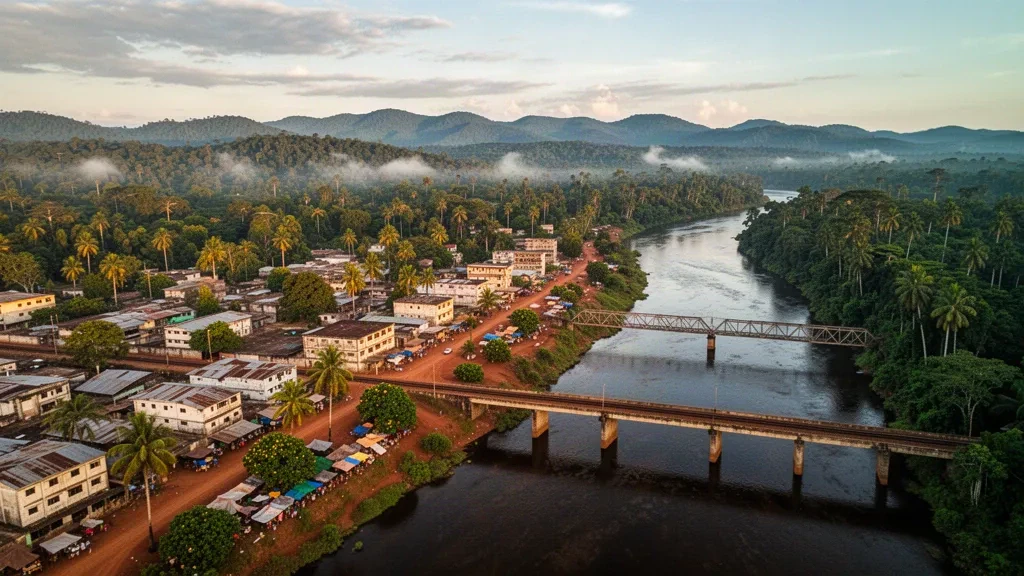Veduta aerea all'ora d'oro di Franceville nell'Haut-Ogooué, Gabon, con il fiume Mpassa che serpeggia tra i tetti bassi della città sotto le colline boscose