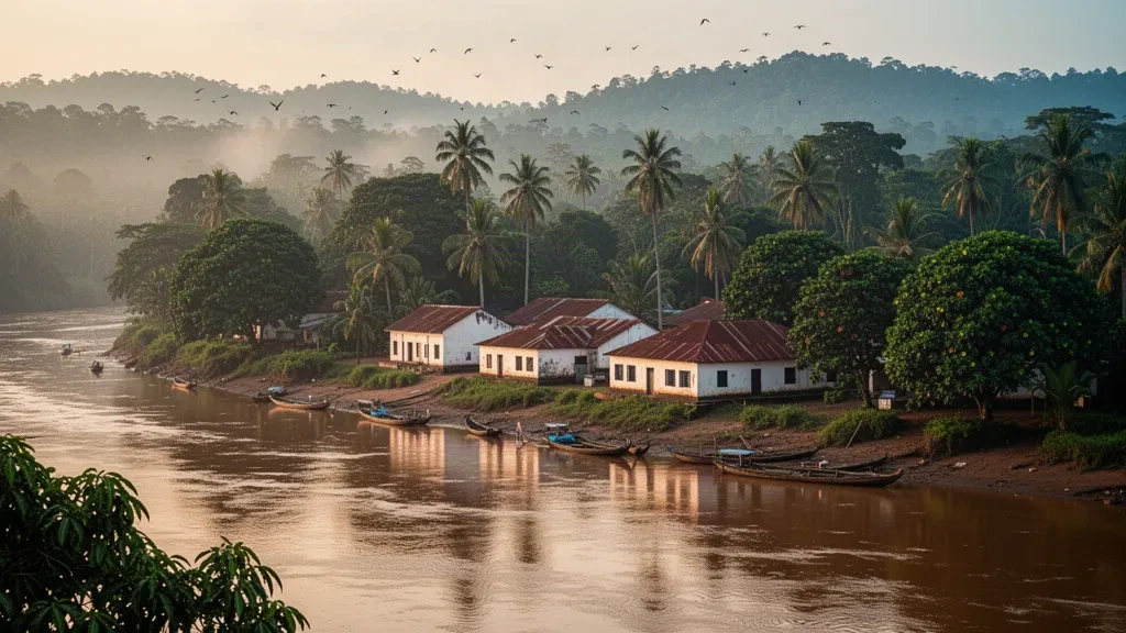 Wooden pirogues moored on the Ogooué River beside Lambaréné in Moyen-Ogooué, Gabon, framed by dense tropical rainforest at golden hour