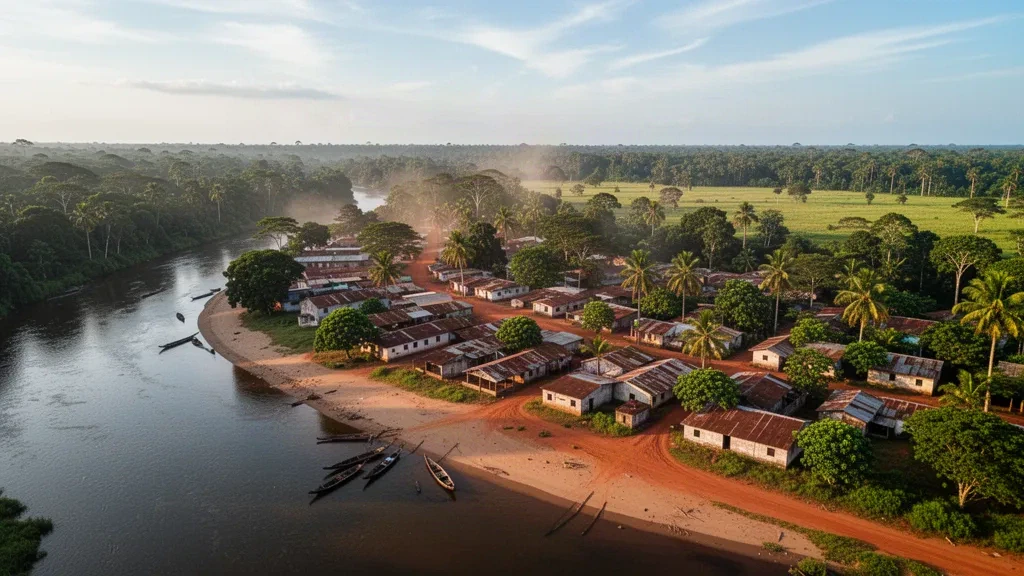Tchibanga town on the Nyanga River in Gabon's Nyanga Province, a southern rainforest townscape in golden hour light