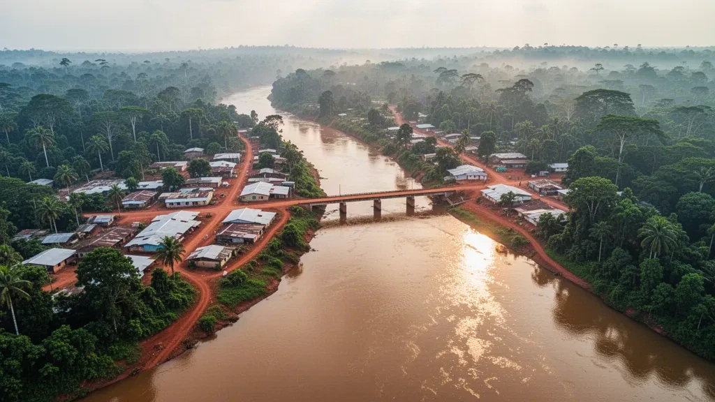 Luftaufnahme der Stadt Makokou und des Ivindo-Flusses in Ogooué-Ivindo, Gabun, umgeben von dichtem tropischem Regenwald
