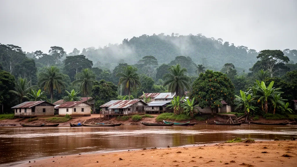 Gabon'un Ogooué-Lolo eyaletindeki Lolo Nehri kıyısında Koulamoutou, yoğun ekvator yağmur ormanları arasında alçak katlı kasaba