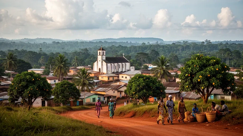 Weißgetünchte Kathedrale und üppige Regenwaldhügel mit Blick auf Oyem, die Hauptstadt der Provinz Woleu-Ntem in Gabun