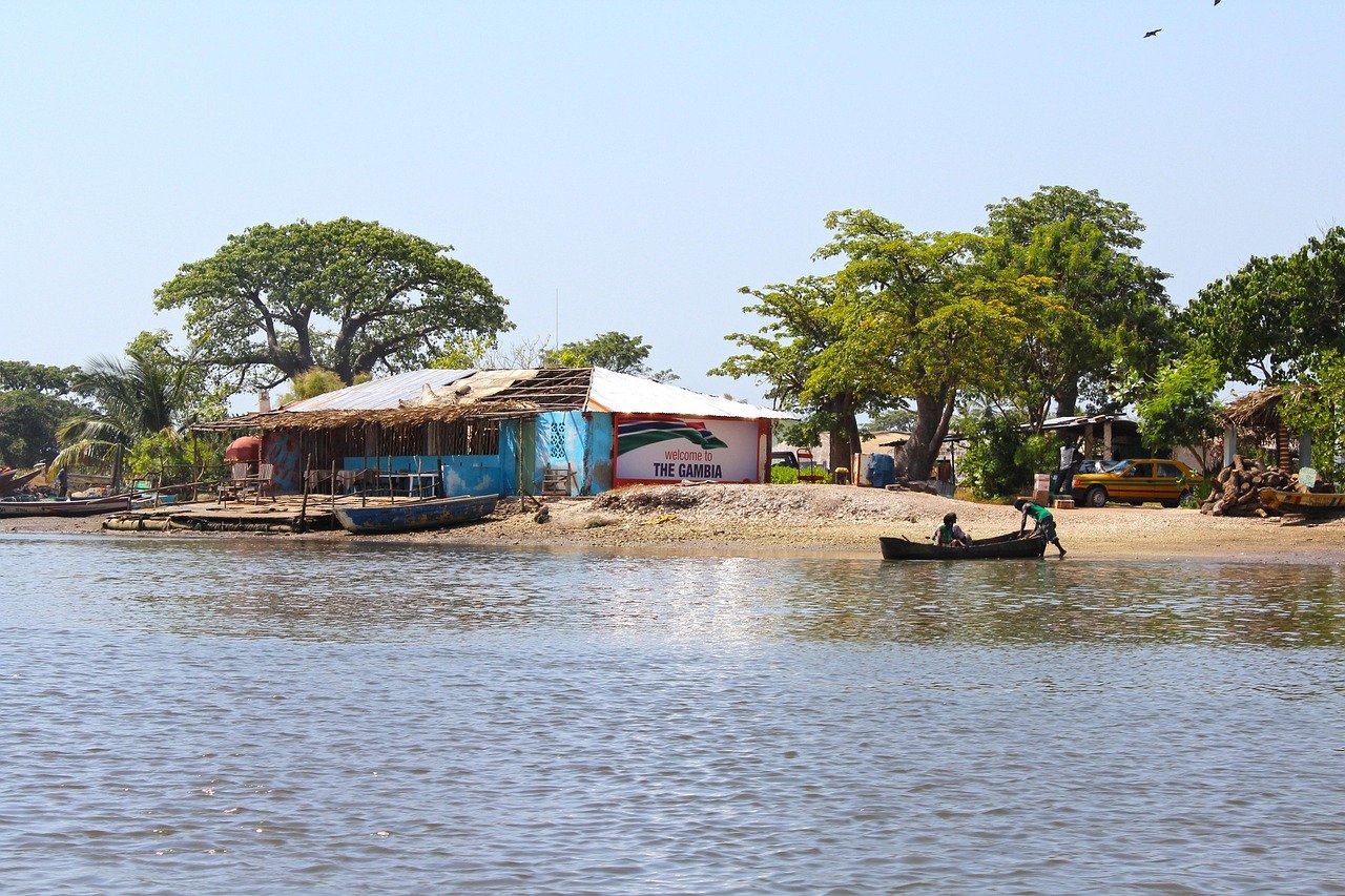 river scene, gambia, fishing village, africa, nature, boat, pirogue, river, scene, water, sky, banjul