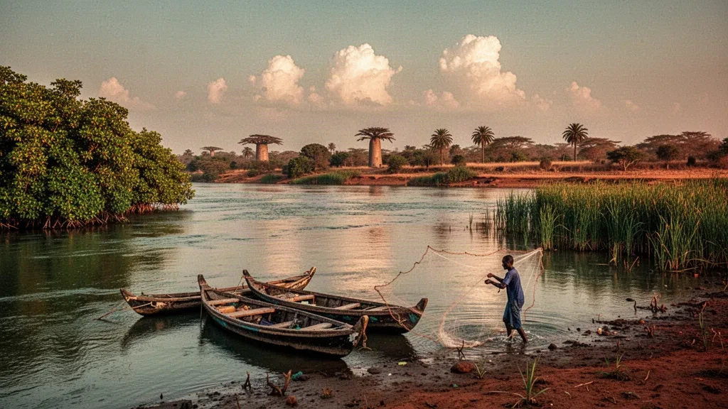Piraguas de madera amarradas en el río Gambia en Soma, en la Región del Río Inferior de Gambia, bajo la cálida luz del final de la tarde