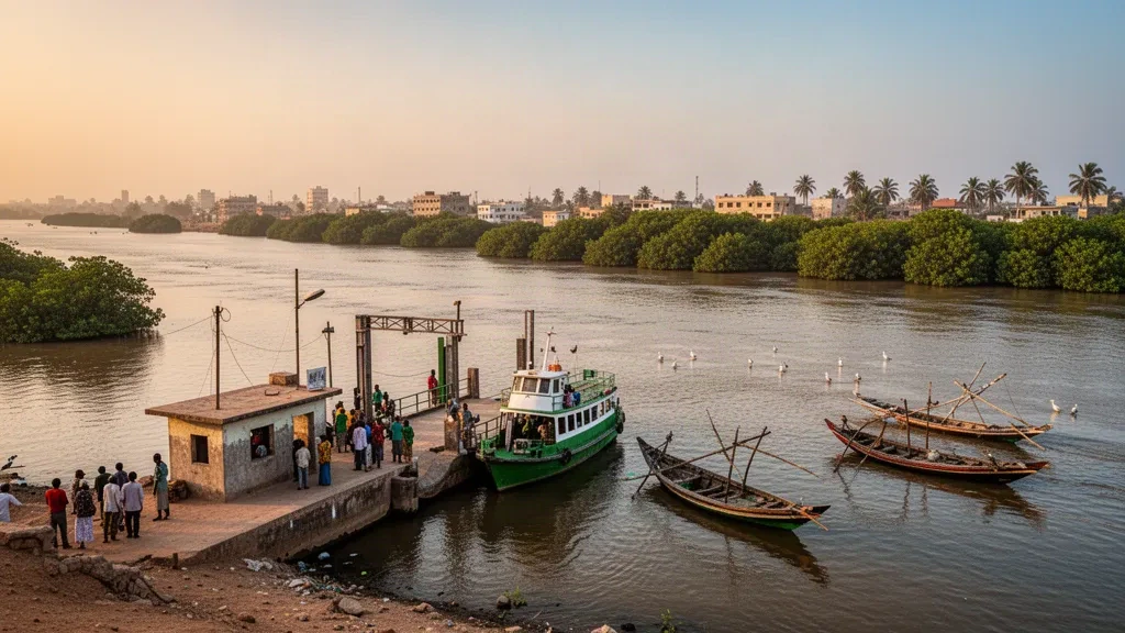 Barra ferry terminal on the Gambia River in North Bank, The Gambia, with wooden boats and mangroves at sunset.