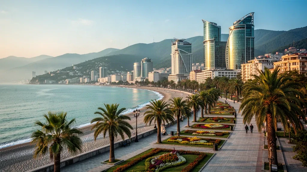 Batumi skyline and Black Sea promenade in Adjara, Georgia, with palm-lined boulevard and modern towers at golden hour