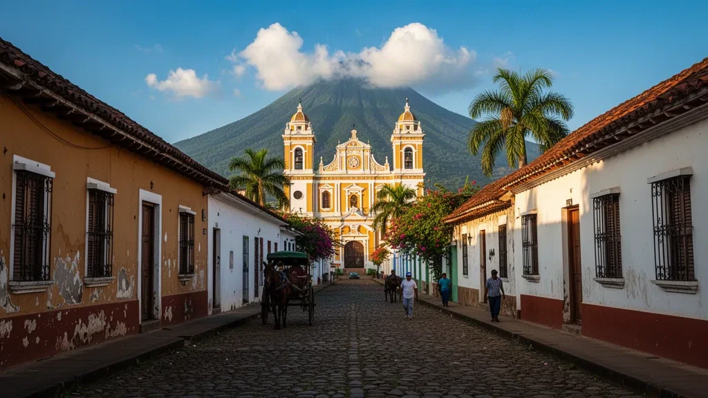 Calle colonial en Granada, Nicaragua, con una catedral amarilla y el volcán Mombacho bajo la cálida luz del final de la tarde