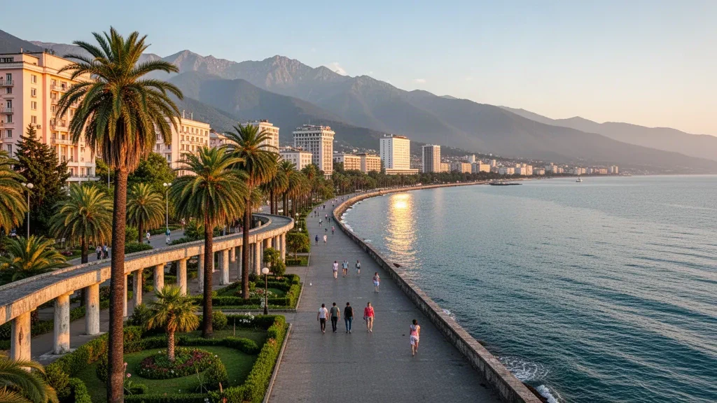 Vue à l'heure dorée de la promenade du front de mer de Soukhoumi sur la mer Noire, en Abkhazie, Géorgie, avec des palmiers et une atmosphère côtière calme.
