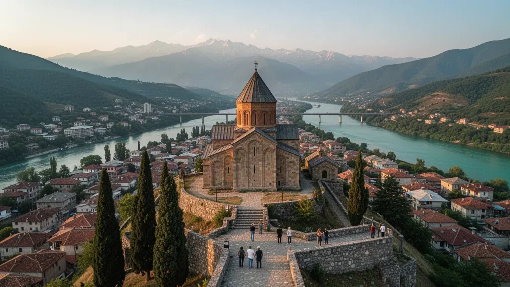 Cathédrale Bagrati sur sa colline au-dessus de Koutaïssi dans la région d'Iméréthie en Géorgie, avec la rivière Rioni et des crêtes verdoyantes à l'heure dorée