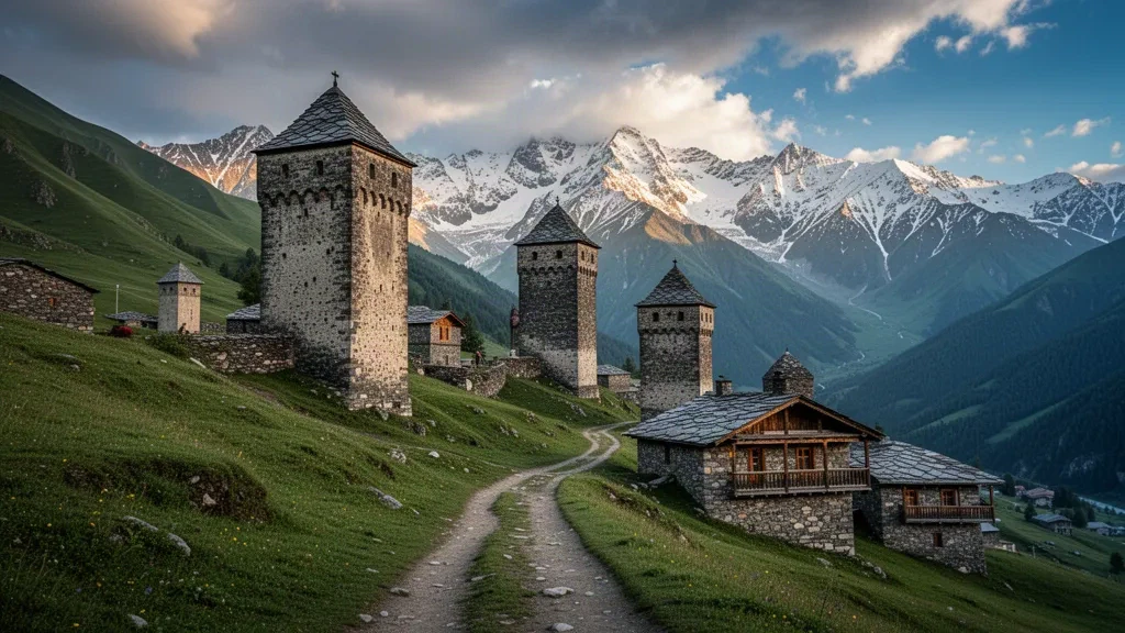 Alte swanetische Steintürme und traditionelle Häuser im Dorf Ushguli, Samegrelo-Zemo Swanetien, Georgien, im Hintergrund die schneebedeckten Berge des Kaukasus.
