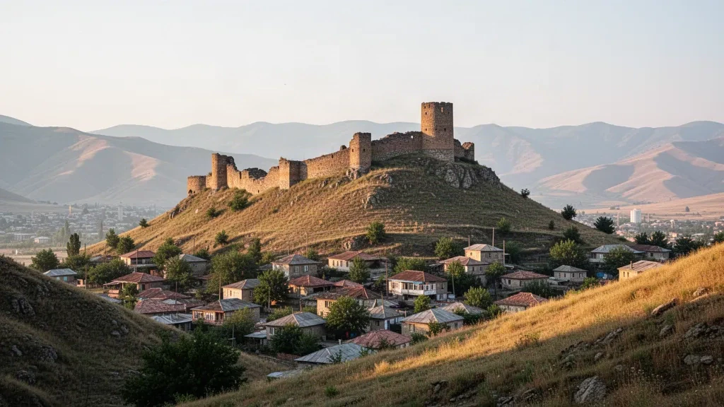 Murs en pierre de la forteresse de Gori sur une colline verdoyante surplombant la ville de Gori dans la région de Kartlie intérieure en Géorgie, à l'heure dorée.