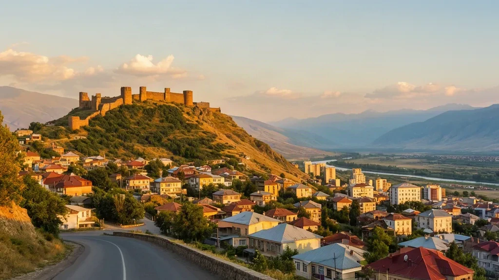 Gürcistan'ın Şida Kartli bölgesindeki kasabanın üzerinde altın saatte Gori Kalesi manzarası, uzakta Kafkas etekleri