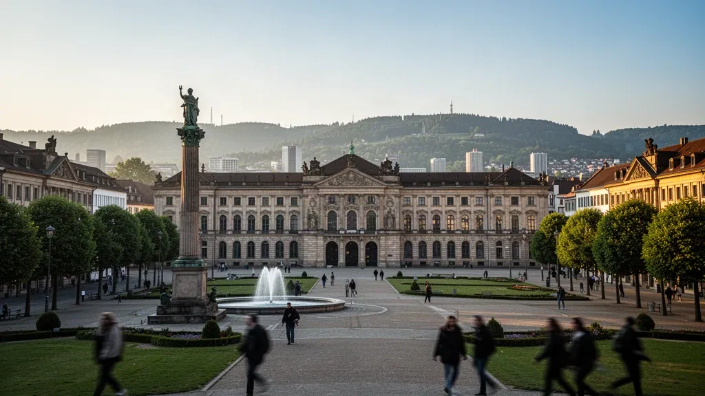 Stuttgart's Schlossplatz at golden hour with the baroque Neues Schloss and Jubiläumssäule column, capital of Baden-Württemberg