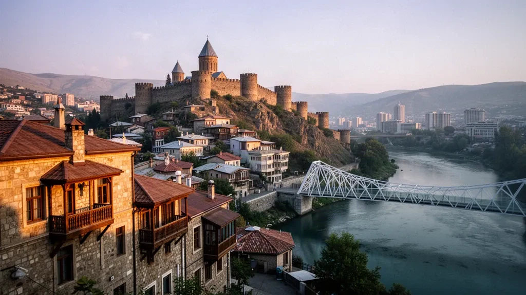 Blick zur goldenen Stunde über die Dächer der Altstadt von Tiflis, die Festung Narikala und den Fluss Mtkvari in Georgien