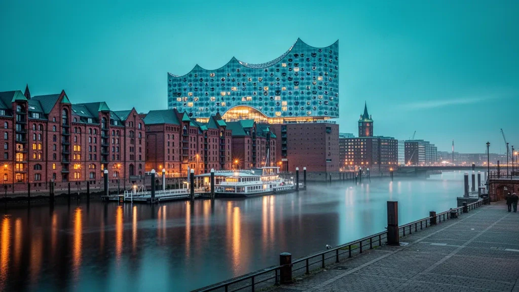 Hamburg waterfront at blue hour with the Elbphilharmonie rising above the red-brick Speicherstadt warehouses along the Elbe