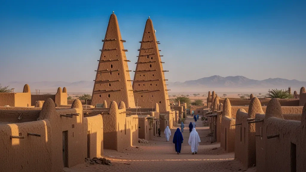 Grand Mosque of Agadez in Niger, its mud-brick minaret studded with wooden beams, rising above the Saharan old town in warm afternoon light