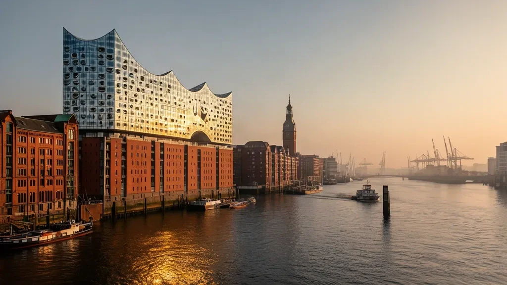 Panorama de Hambourg à l'heure dorée avec l'Elbphilharmonie et les entrepôts de la Speicherstadt le long du front portuaire de l'Elbe
