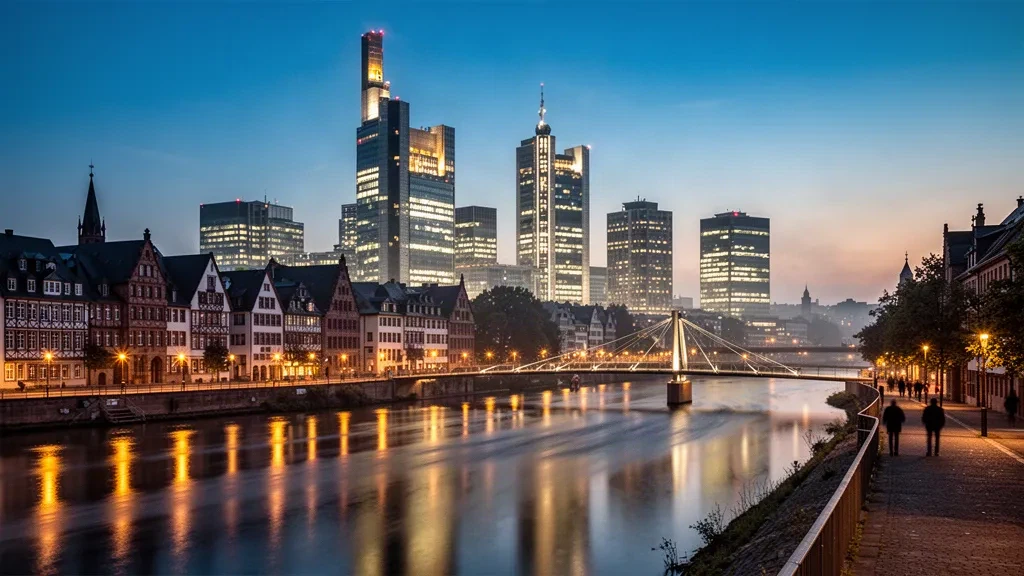 Frankfurt skyline at blue hour seen from the Main river in Hesse, Germany, with lit towers and old town rooftops reflecting on the water