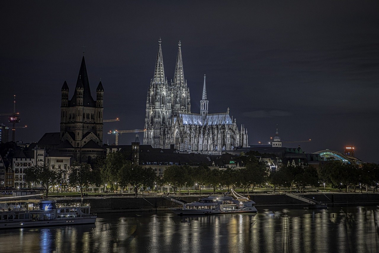 cologne cathedral, night time, rhine river, cathedral, church, cologne, dom, architecture, illuminated, building, north rhine westphalia, river, reflection, great st martin church, cologne cathedral, cologne cathedral, cologne cathedral, cologne cathedral