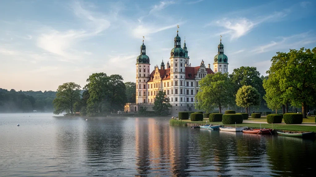Schwerin Castle and its copper domes reflected in Lake Schwerin, Mecklenburg-Vorpommern, Germany, in warm late-afternoon light