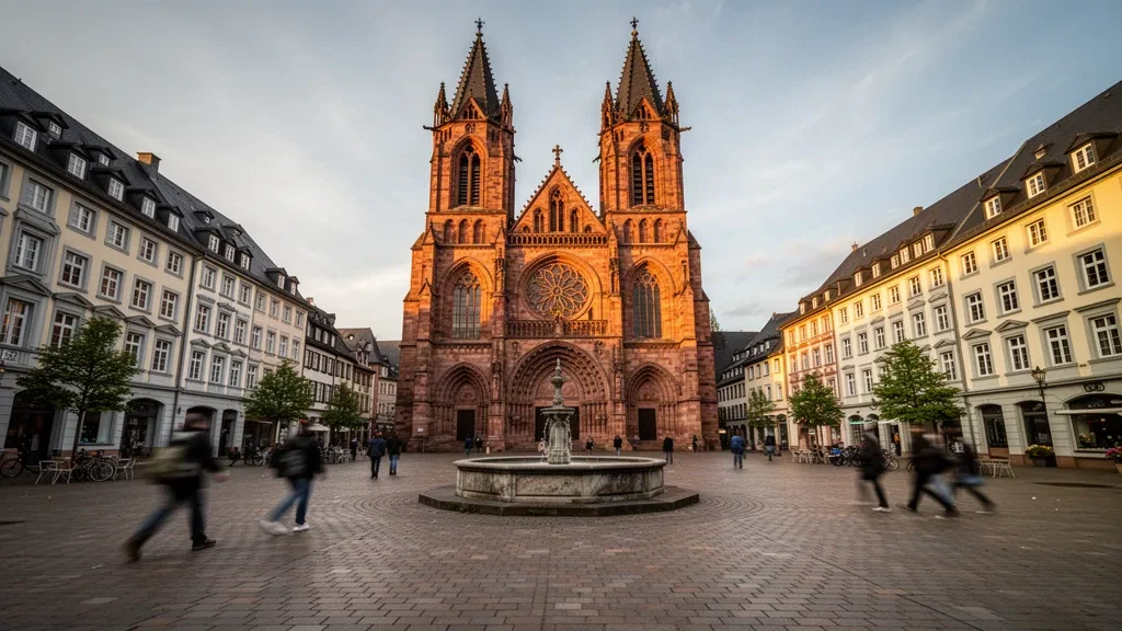 La cattedrale di Magonza si erge sulla storica piazza del mercato in Renania-Palatinato, Germania, illuminata da una calda luce dorata