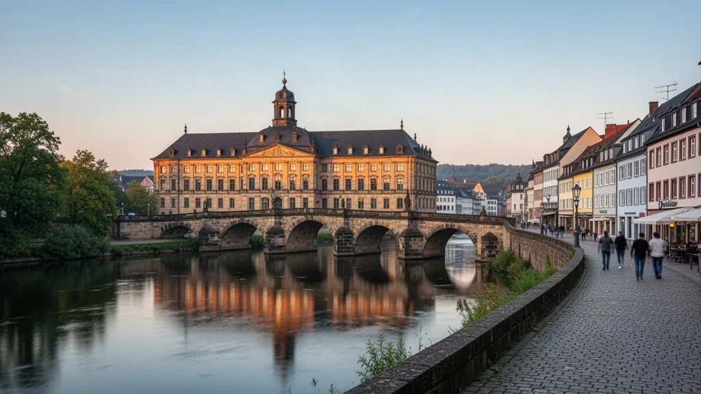 Il castello barocco di Saarbrücken e il fiume Saar nel Saarland, Germania, illuminati dalla calda luce del tardo pomeriggio