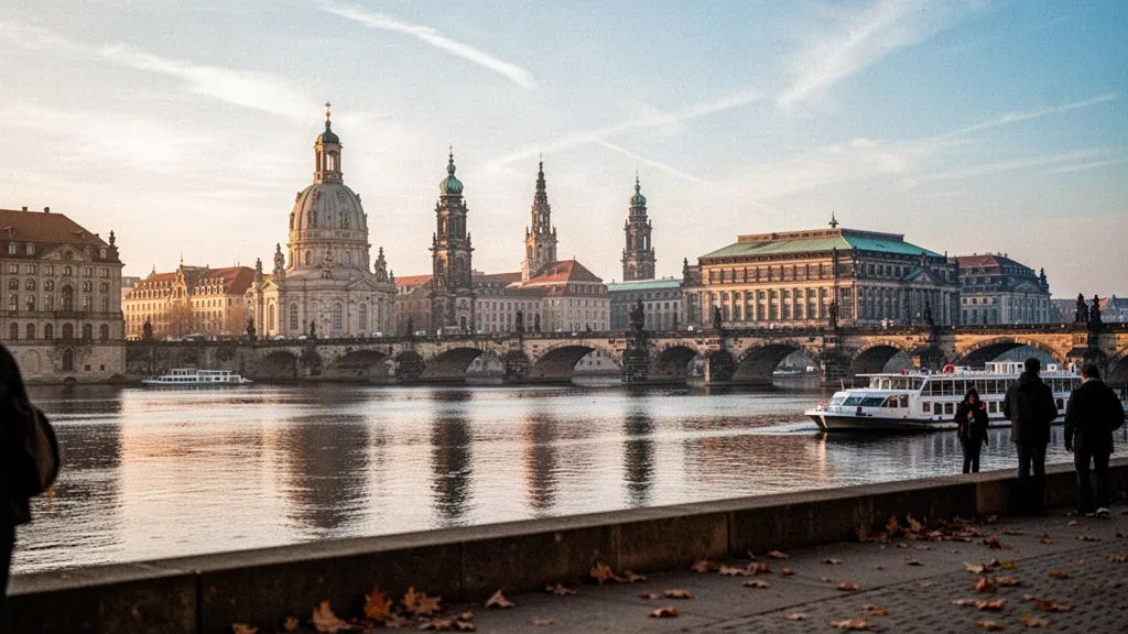 Skyline di Dresda all'ora d'oro con la cupola della Frauenkirche, le torri della Hofkirche e il fiume Elba in Sassonia, Germania