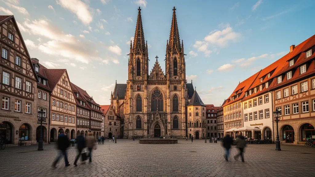 Catedral de Erfurt y la Iglesia de San Severo con vistas a la plaza Domplatz en Turingia, Alemania, bañadas por la cálida luz del final de la tarde.