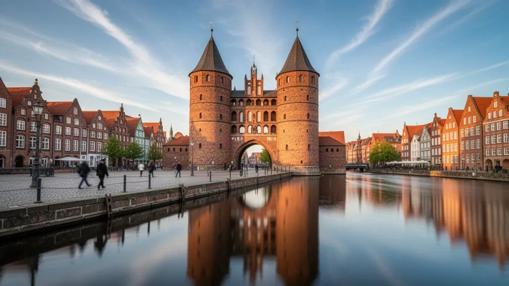 Histórica puerta Holstentor en Lübeck, Schleswig-Holstein, Alemania, reflejada en el río Trave durante la hora dorada.