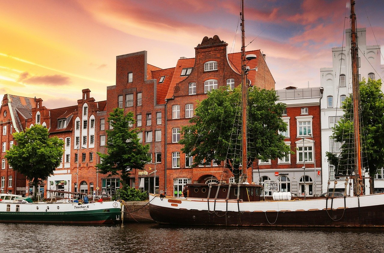 lubeck, ville, rivière, allemagne, architecture, nature, canal, ville, coucher de soleil