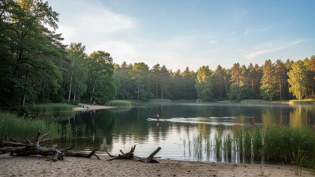Calmo pomeriggio estivo allo Schlachtensee nel Grunewald di Berlino, con un paddleboarder sull'acqua immobile e una pineta lungo la riva sabbiosa.