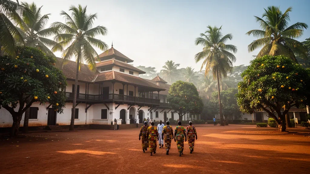 Vista al atardecer del Palacio de Manhyia en Kumasi, Ghana, la histórica sede real del Reino Ashanti enmarcada por palmeras