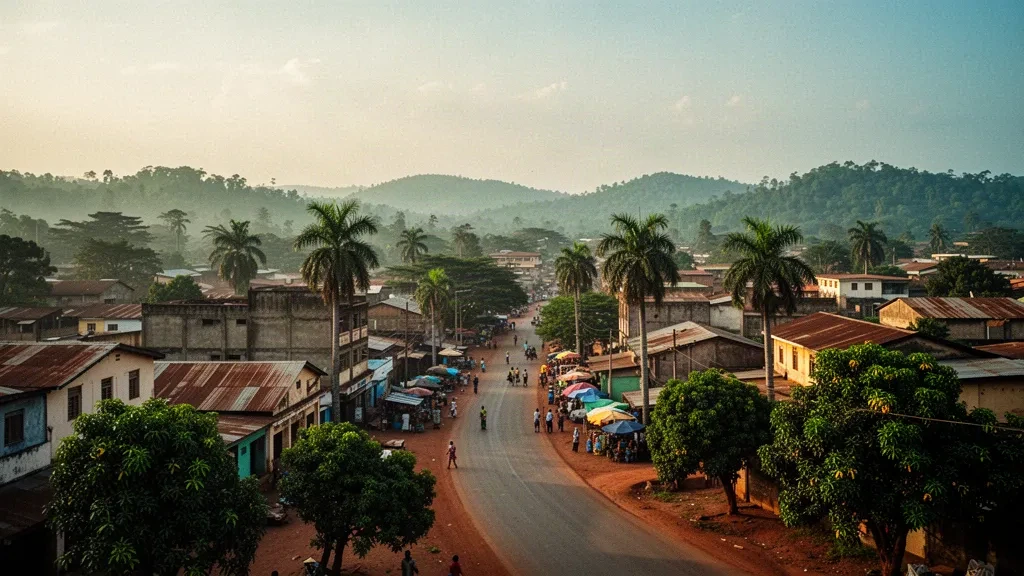 Paysage urbain de Sunyani dans la région de Bono au Ghana, avec des avenues bordées d'arbres, des bâtiments de hauteur moyenne et des collines verdoyantes à l'heure dorée