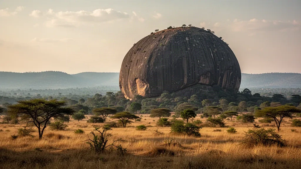 Zuma Rock monolith rising above golden savanna grassland in Nigeria during warm late-afternoon light