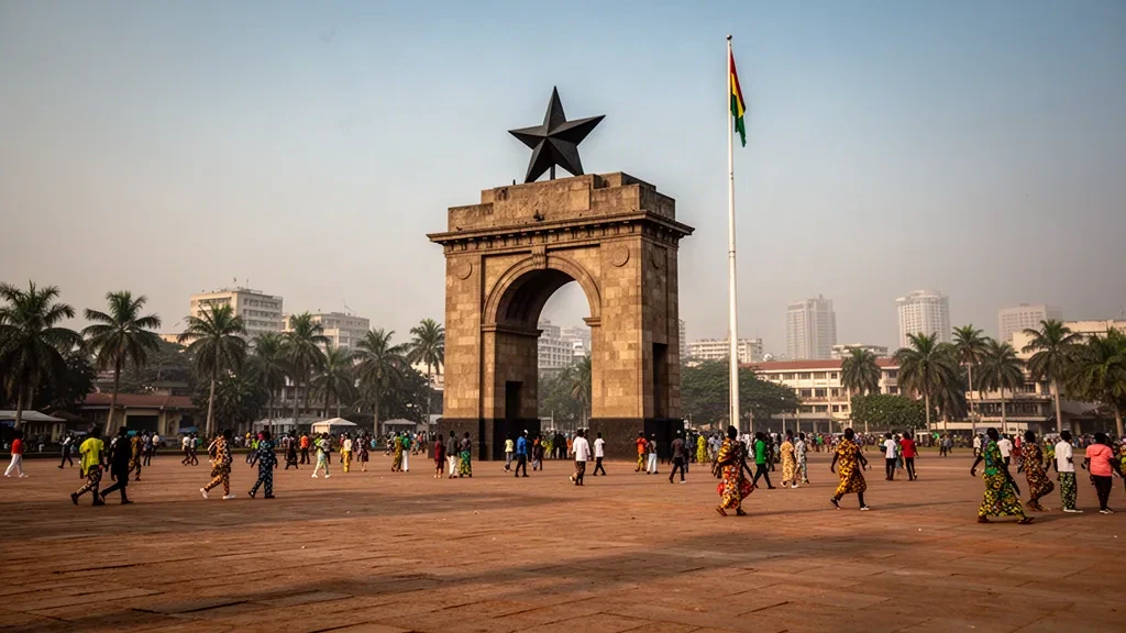 Arco de la Independencia coronado por una estrella negra en Black Star Square, en Accra, Ghana, resplandeciendo bajo la cálida luz dorada del atardecer
